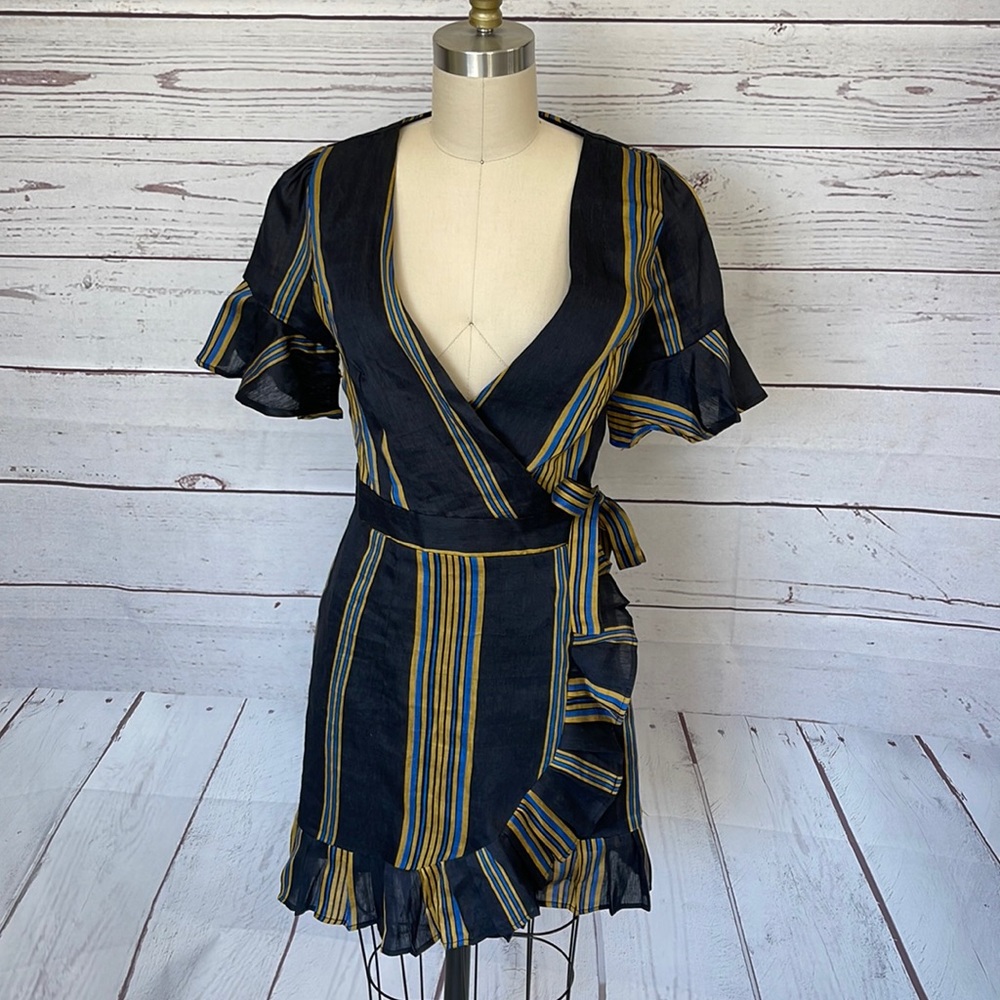 HONEY PUNCH Blue Gold Stripe Linen Wrap Dress Size XS